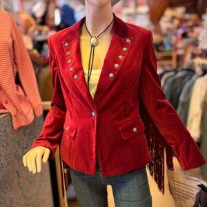 Red Velvet Blazer with Fringe and Turquoise and Silver Studs